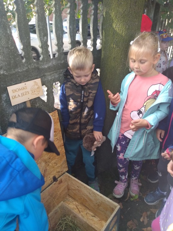 Przedszkolaki wkładają  siano do domku dla jeża