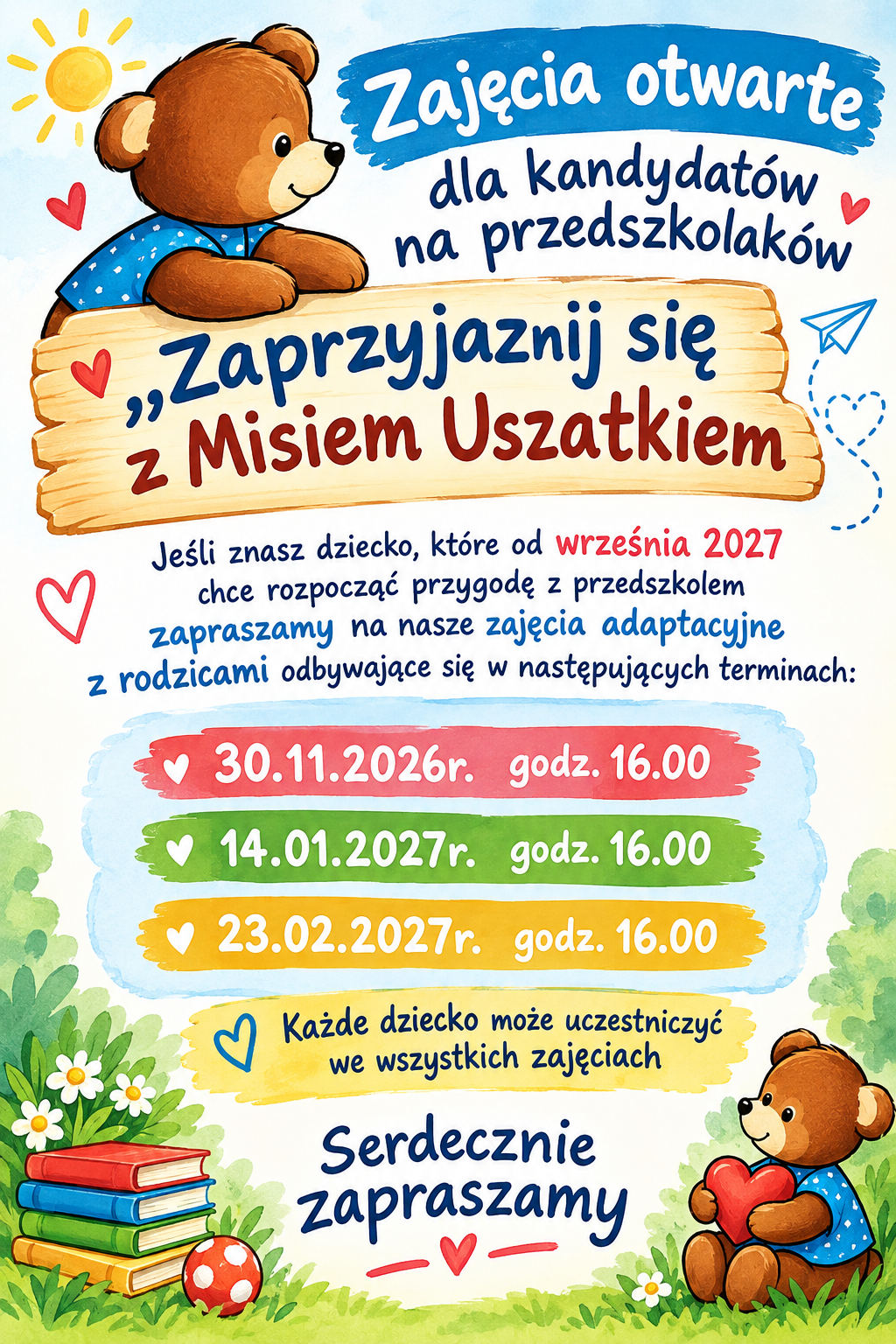Zaproszenie na zajęcia otwarte dla kandydatów na przedszkolaków Misia Uszatka